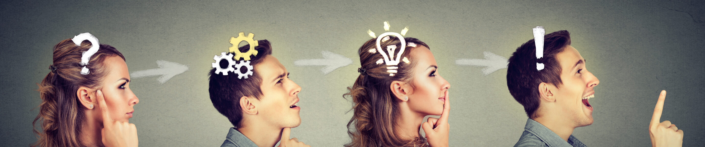 Emotional intelligence. Thoughtful man and woman thinking solving together a common problem. Human face expressions