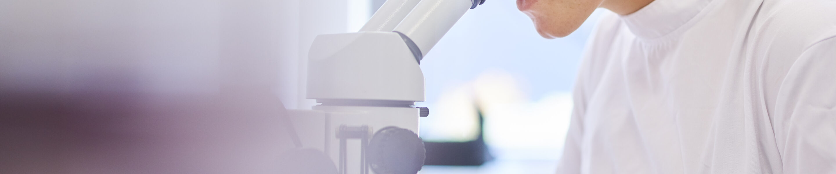a female research scientist is analysing a sample on her microscope in a microbiology lab . the lab is brightly lit with natural light . Blurred glassware at side of frame provides copy space .