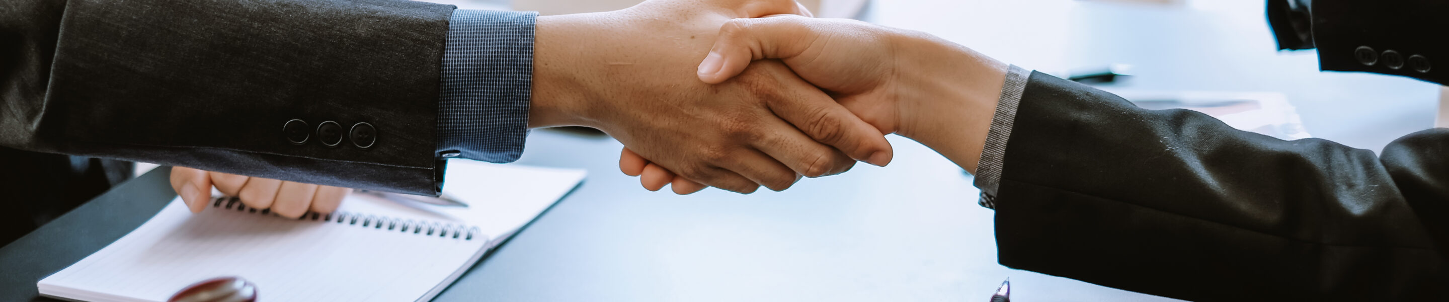 Man lawyer shaking hands with his clients in the office.