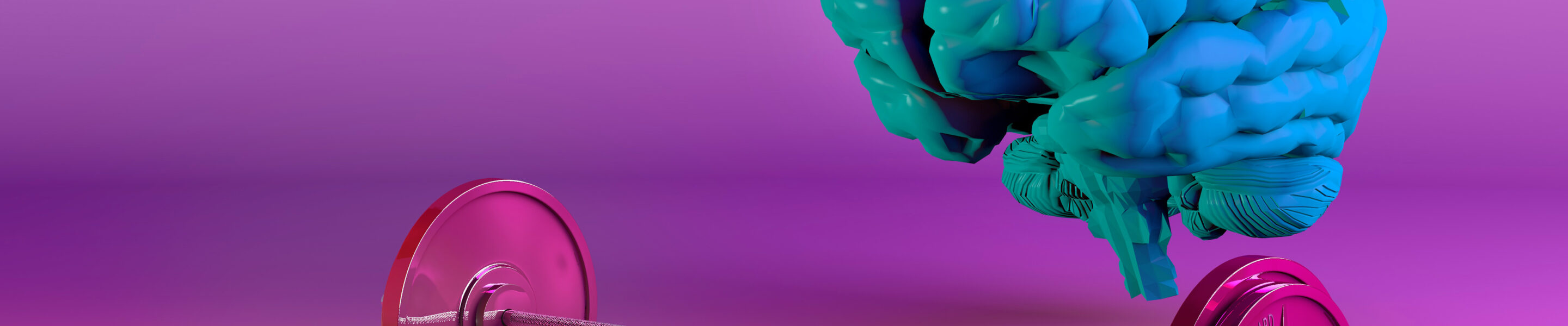 A 3D rendering of a blue brain training with a barbell on a pink background,